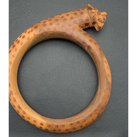 Vintage Wood Hand Carved & Painted African Leopard Shape Bangle Bracelet - Picture 1 of 4